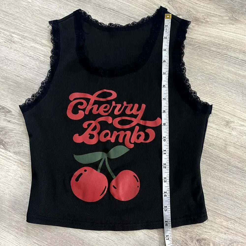 Cherry Bomb Graphic Tank Top - Coquette Lace Trim - Black & Red - Size M - Picture 4 of 7